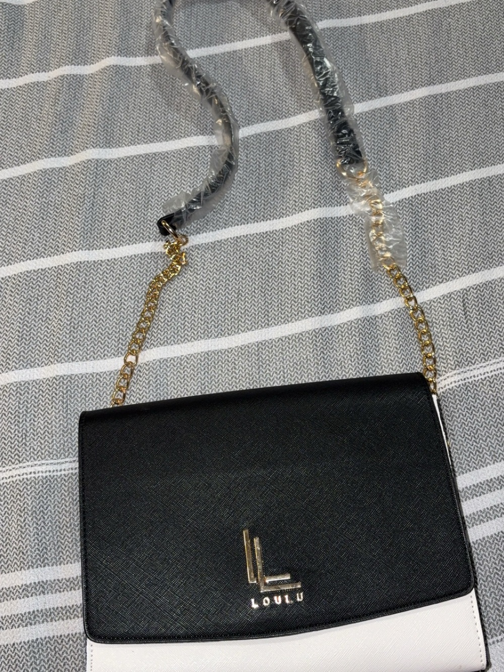 Loulu Two-Tone Black and White Shoulder Bag with Gold Chain